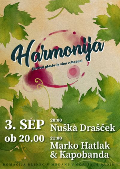 Vstopnice za HARMONIJA - Festival glasbe in vina, 03.09.2022 ob 19:00 v Turistična kmetija Klinec, Medana 20
